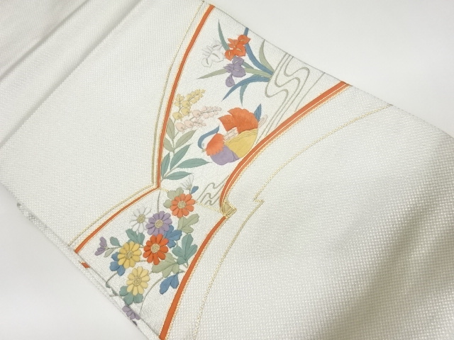 リサイクル　流水に鴛鴦・草花模様刺繍名古屋帯